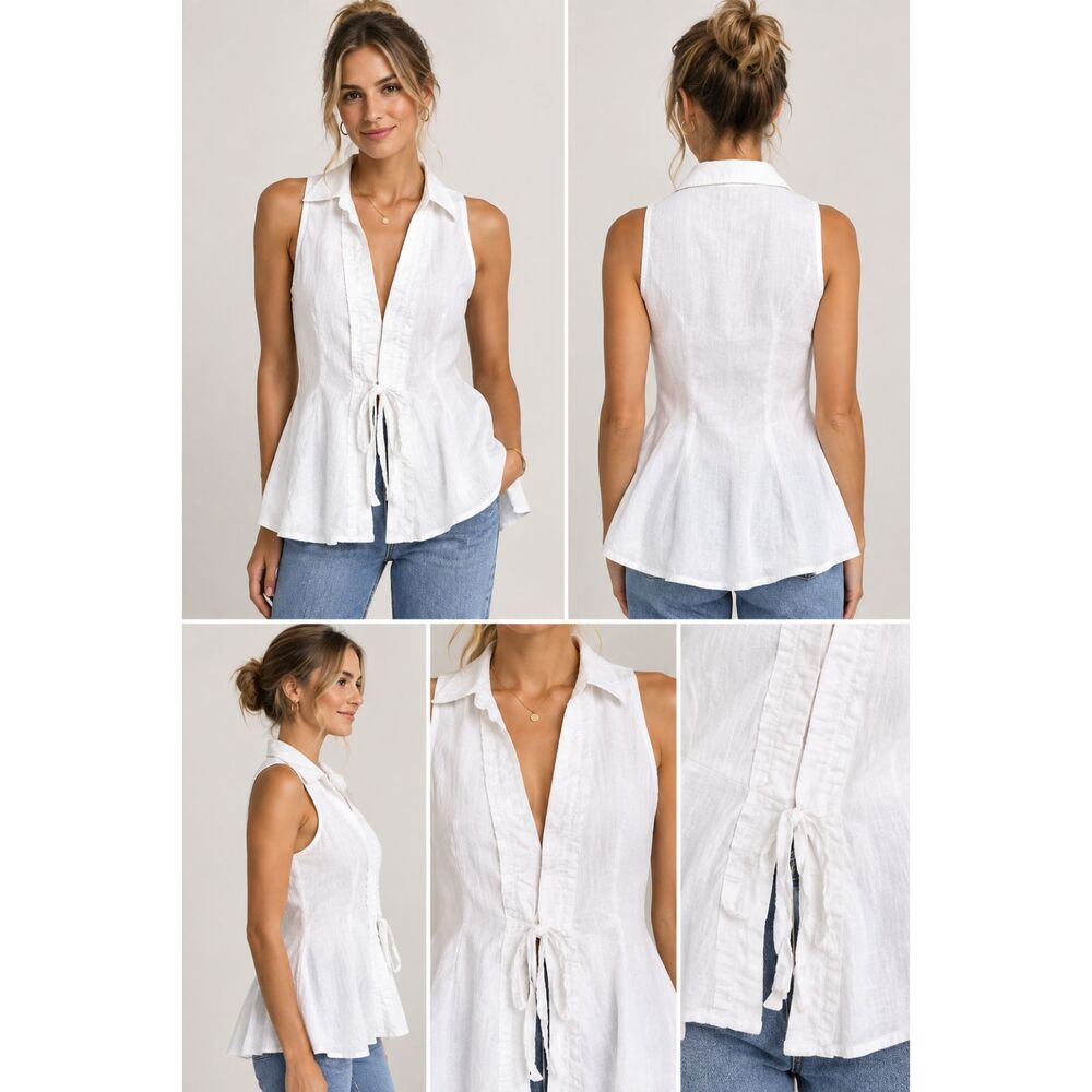 Magaschoni White Linen Blend Sleeveless Collared Tie Front Peplum Top Light S